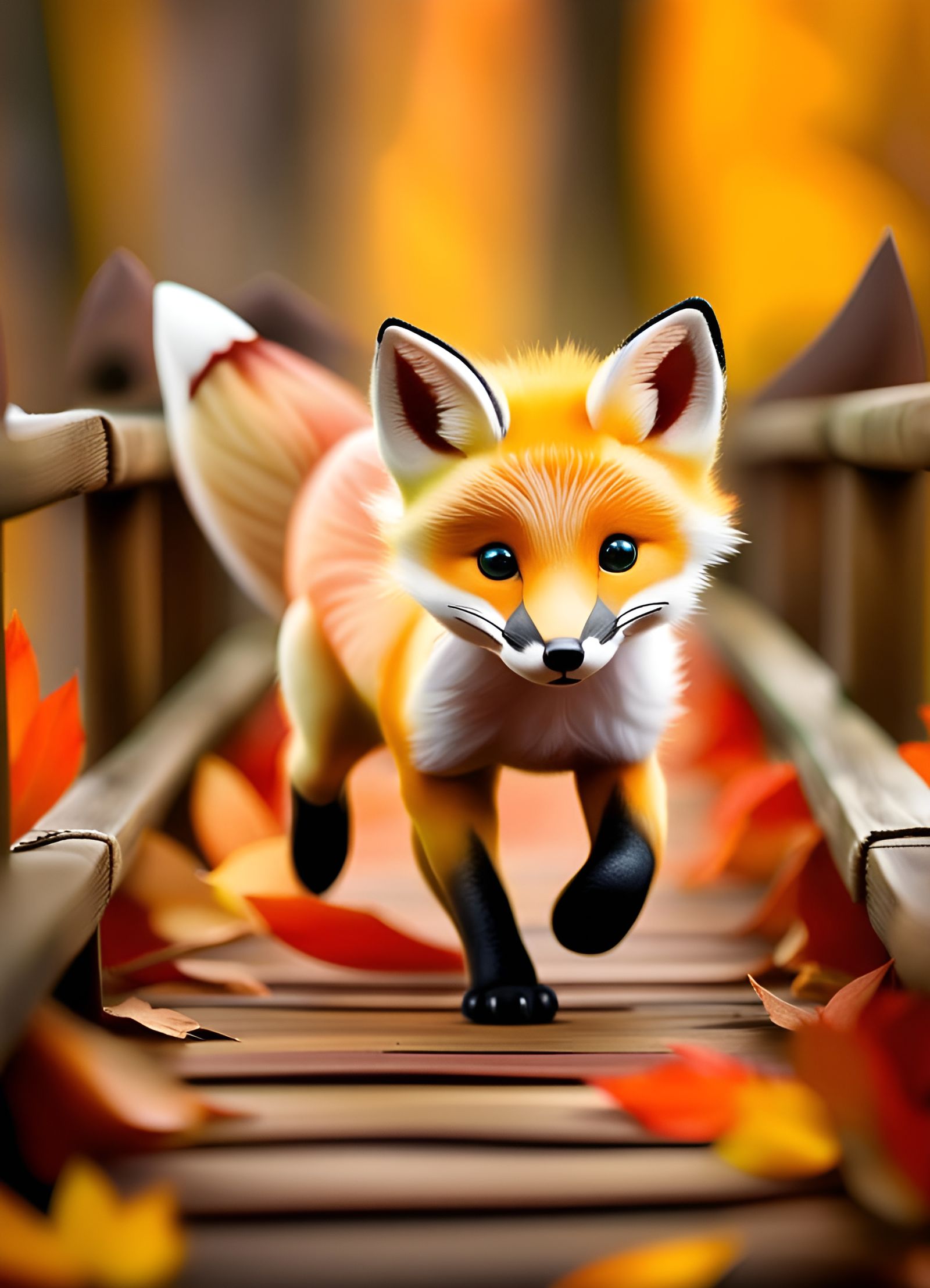Baby Fox Runs on Fall Bridge: Whimsical Photography