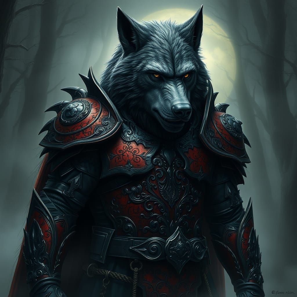 Werewolf in Gothic Armor in Eerie Fog
