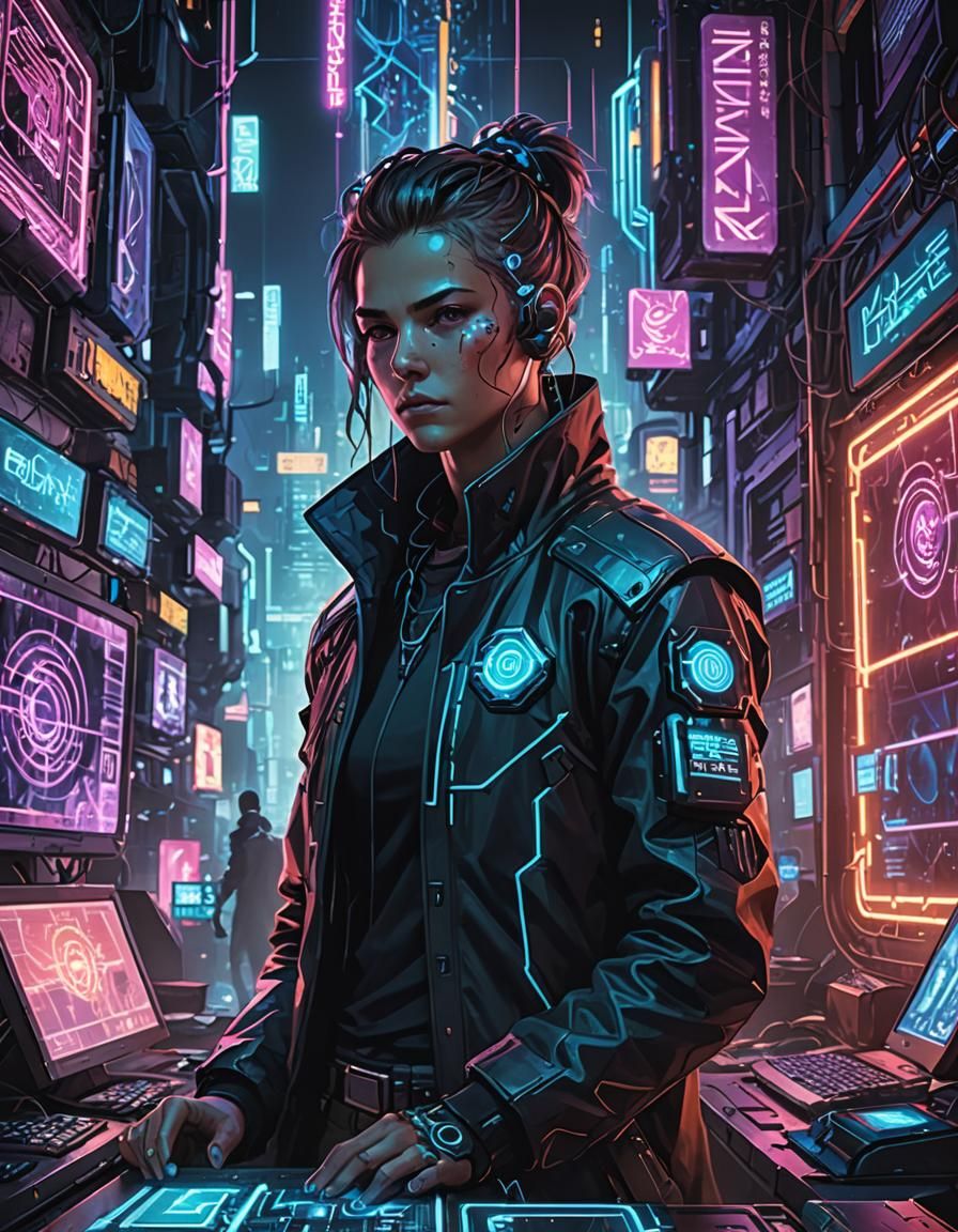 Cyberpunk Netrunner Portrait in Neon Lights