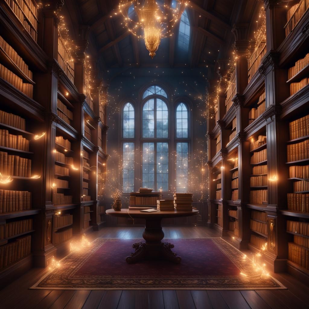 Magical Library with Floating Books in Fantasy Art Style