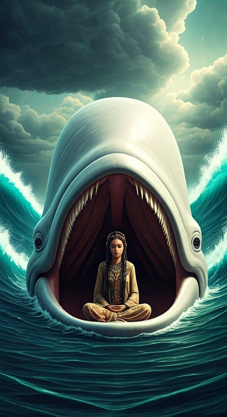 Surreal Whale with Woman in Mouth, Dreamlike Scene