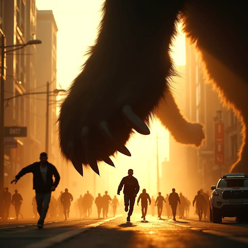 Giant Dog Foot Overwhelms City Streets in Golden Hour