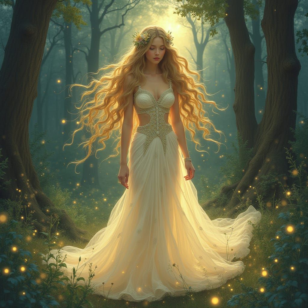 Ethereal Woman in Mystical Forest, Art Nouveau Style