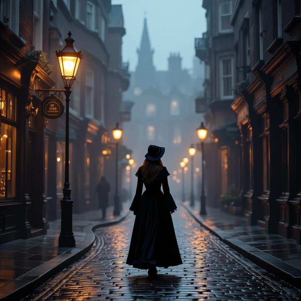 Victorian Woman in Foggy City Street
