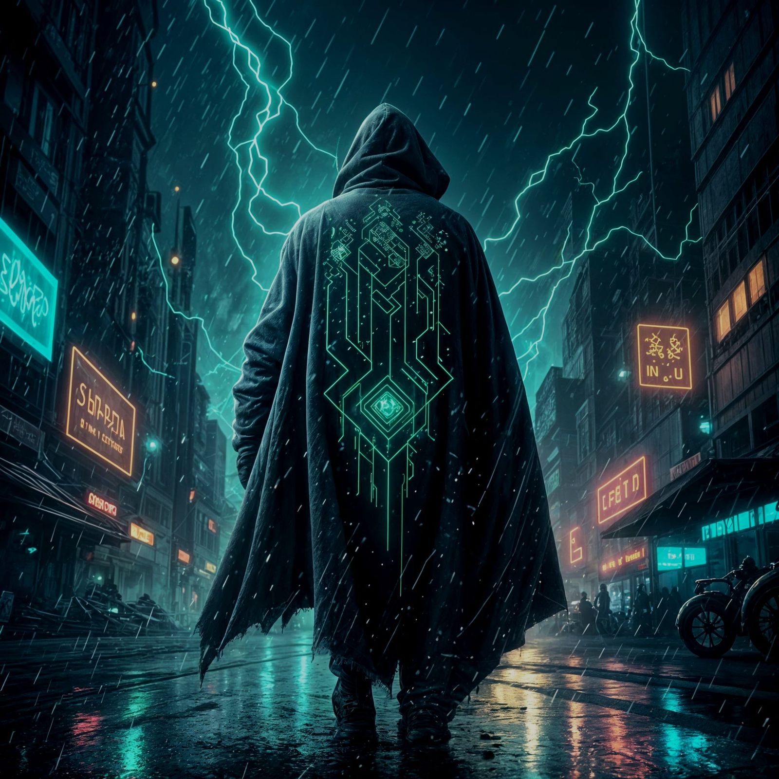 Hooded Figure in Digital Storm with Cybernetic Heart