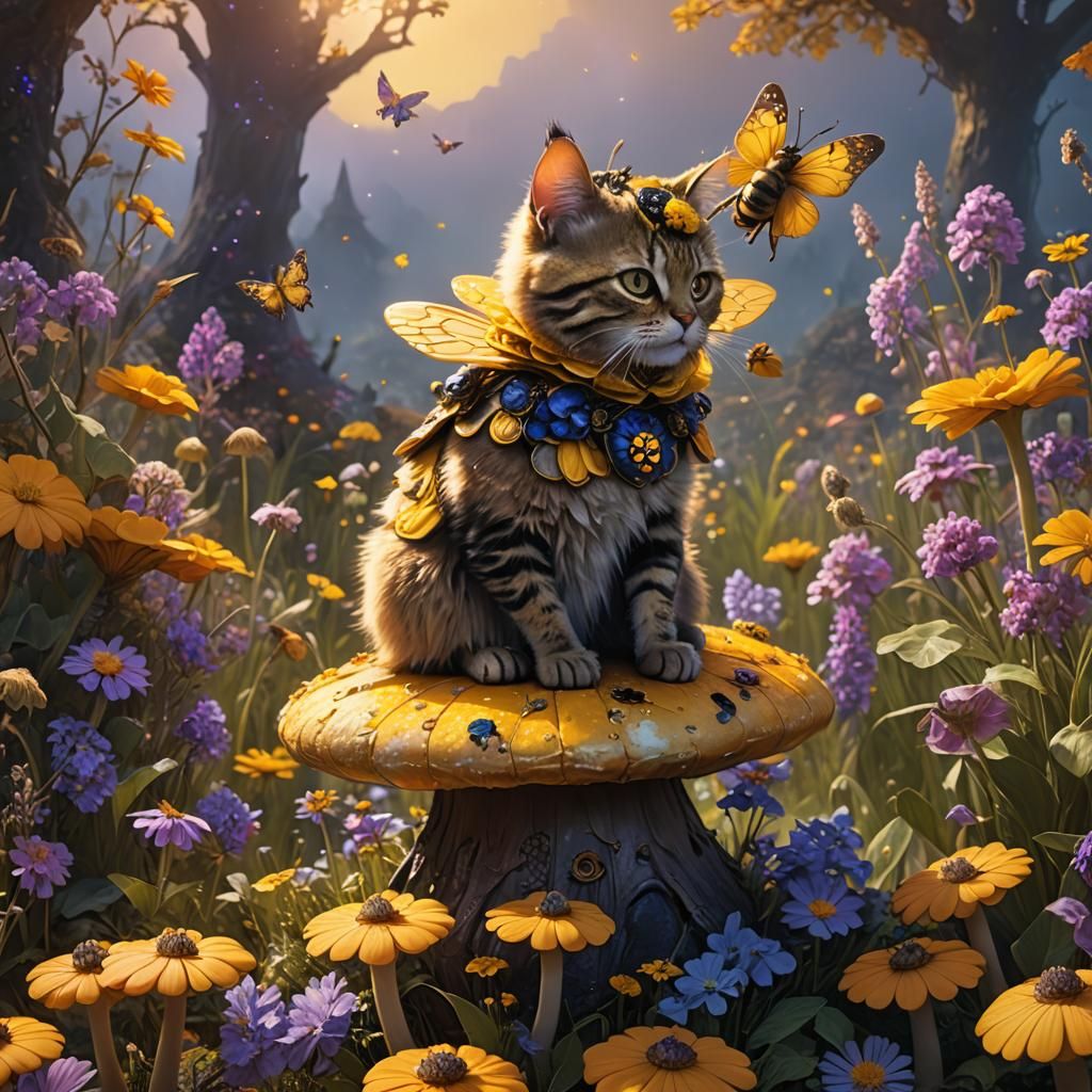 Cat in Bee Costume on Toadstool: Fantasy Art