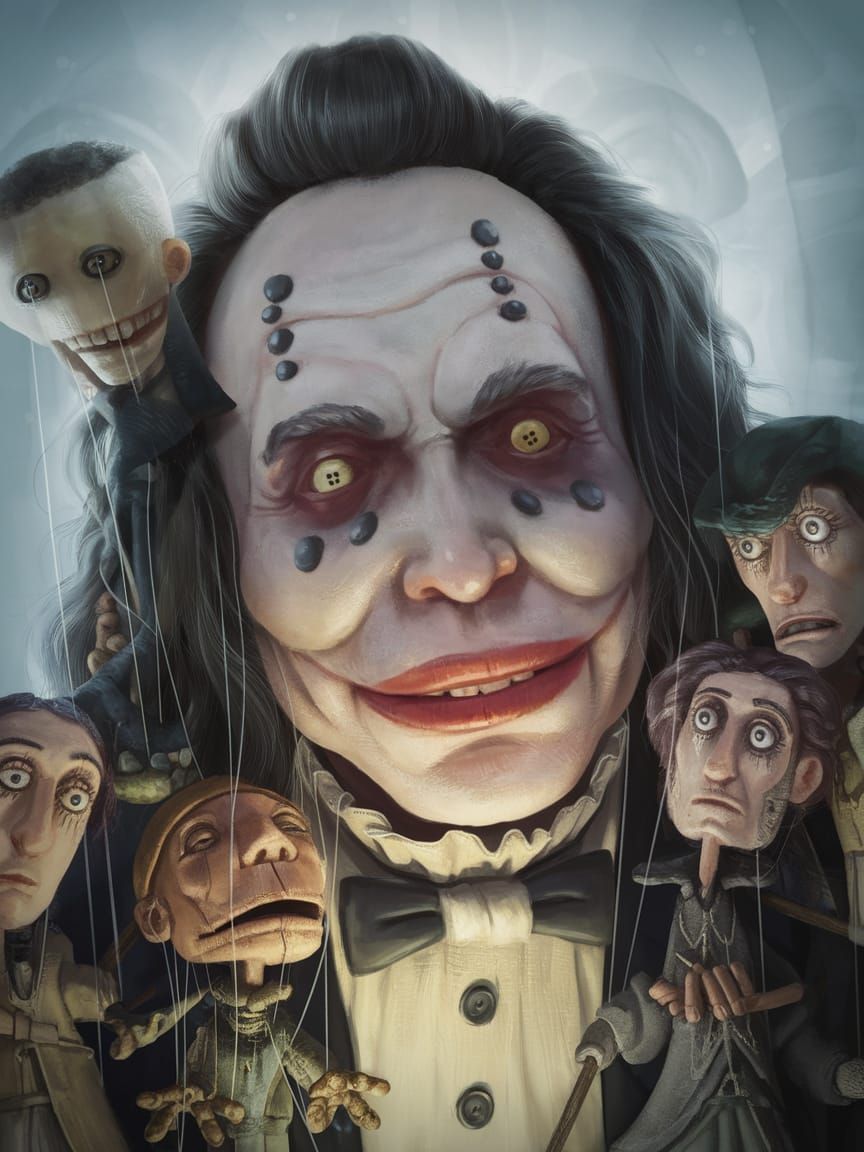 Creepy Puppetmaster in Dark Circus Setting