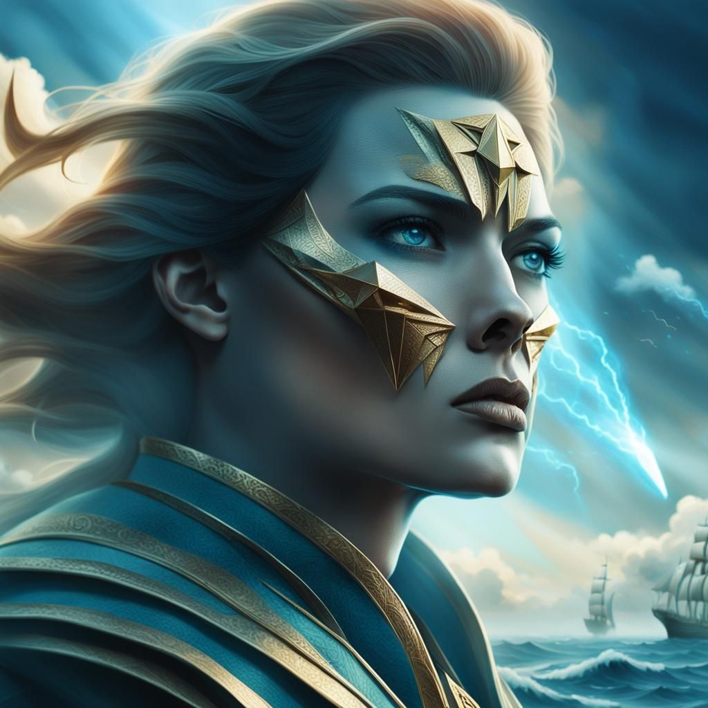 Powerful Woman Blows Ship in Ocean: Cinematic Portrait