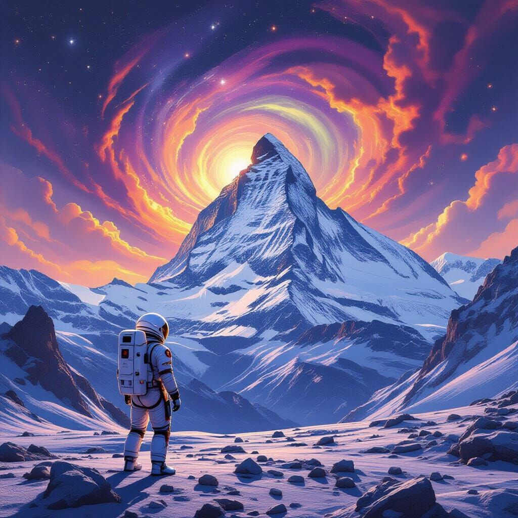 Astronaut Gazes at Crystal Mountains on Alien Planet