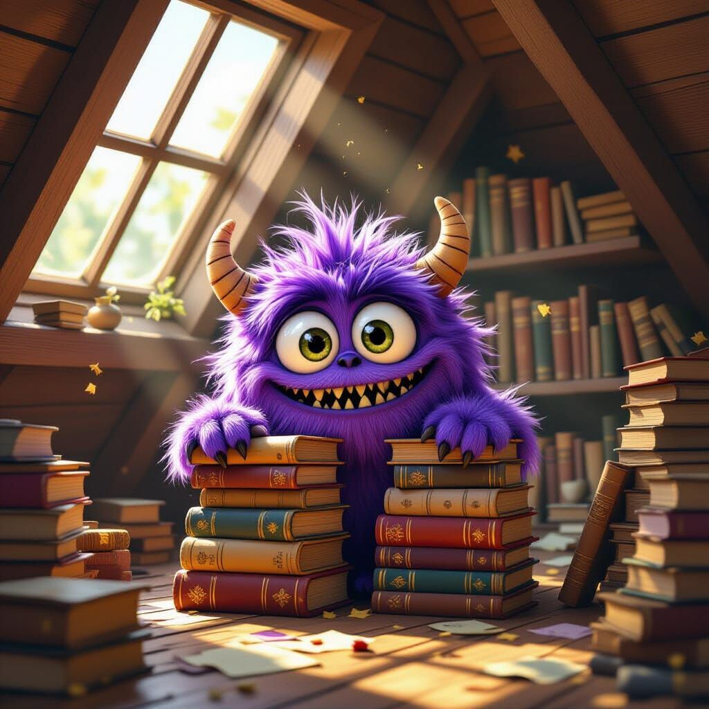 Mischievous Purple Monster in Cozy Attic, Whimsical Art
