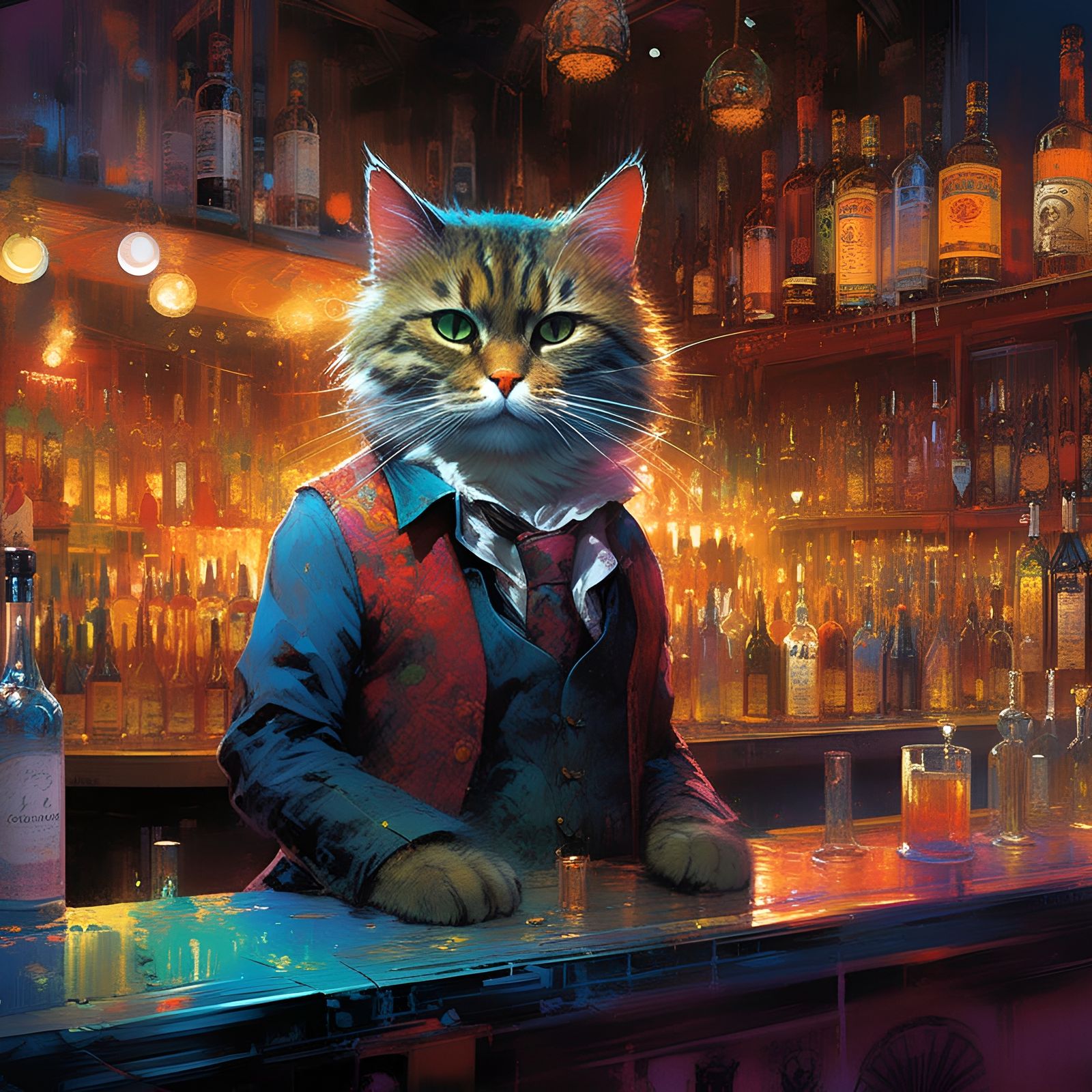 Cute Cat Bartender Portrait in a Fantastical Bar