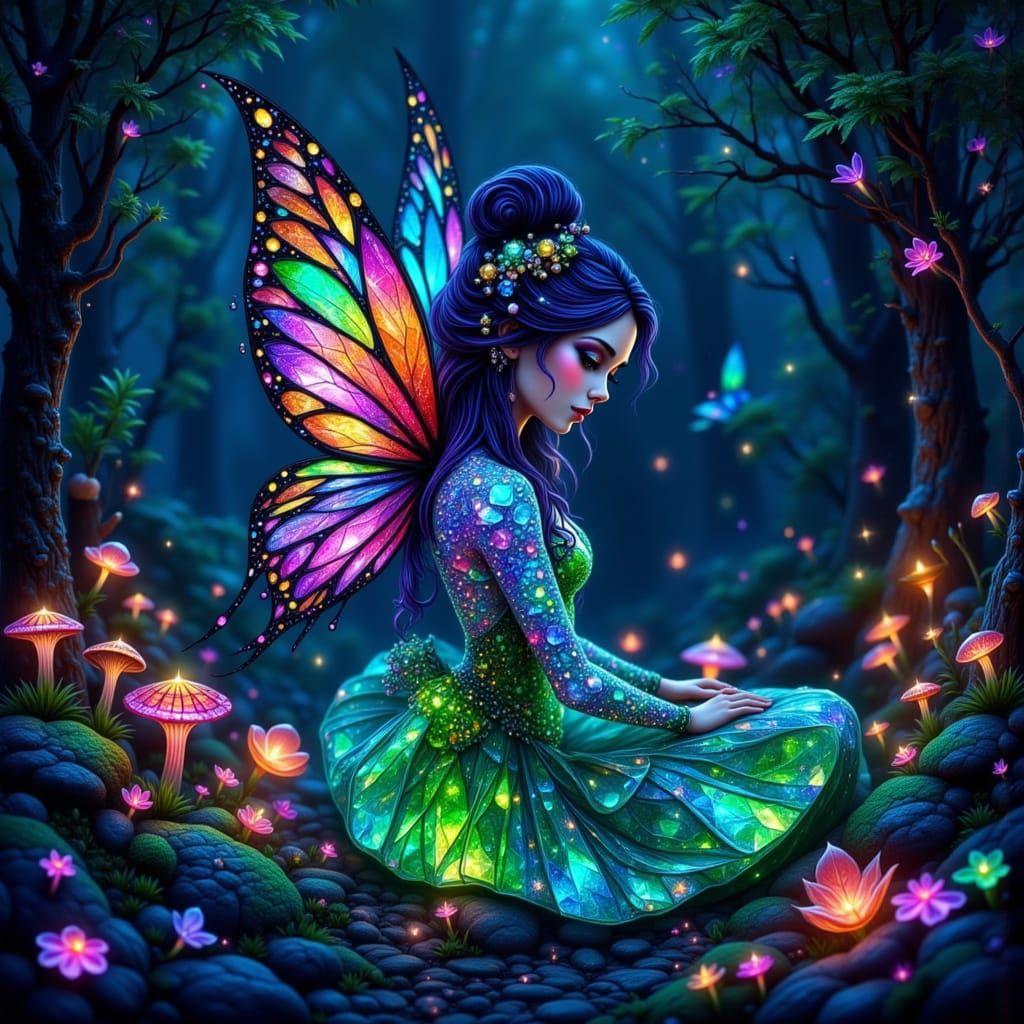 Stained Glass Fairy Shimmers in Bioluminescent Forest