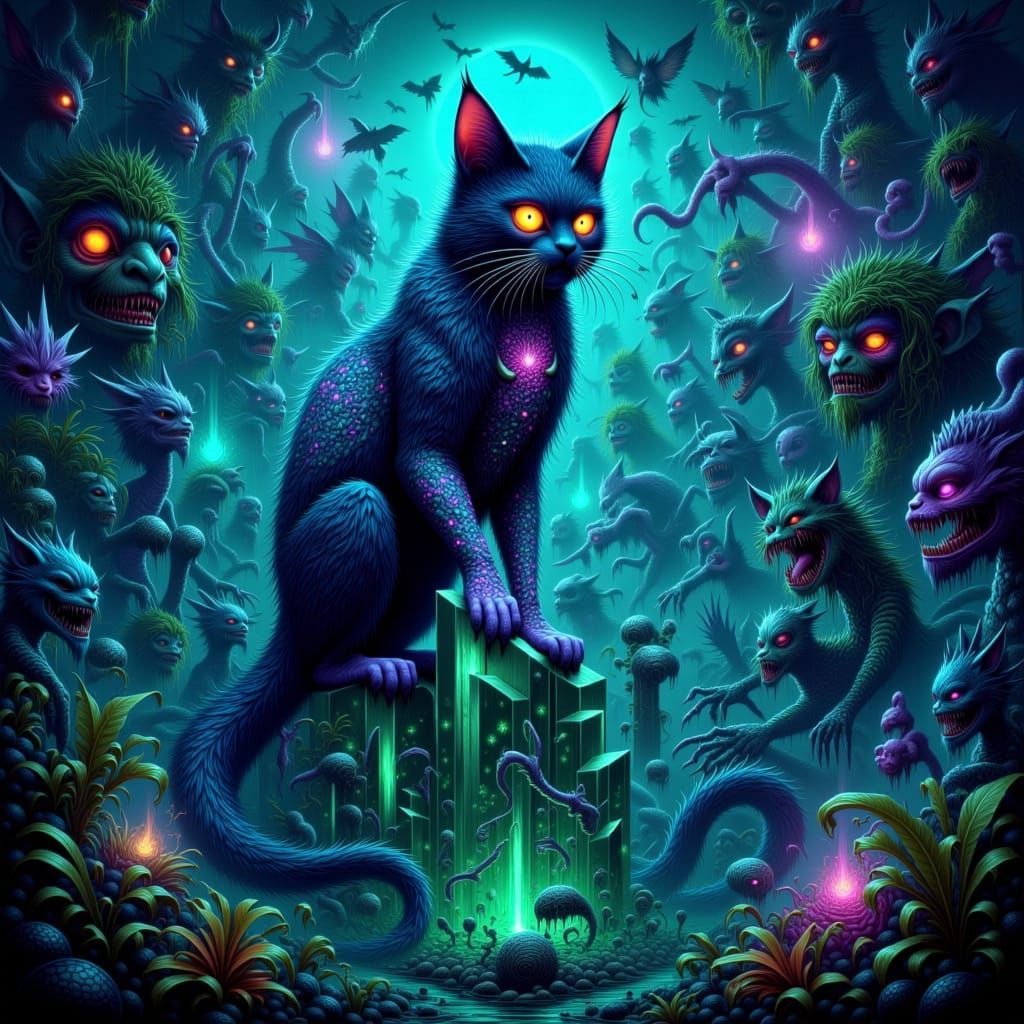 Ethereal Cosmic Cat on Crystal Overlooking Alien Jungle