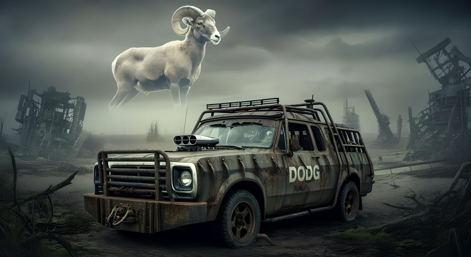 A post-apocalyptic wasteland with rusty machinery with an old pickup truck on the front of the vehicle is a cow catcher