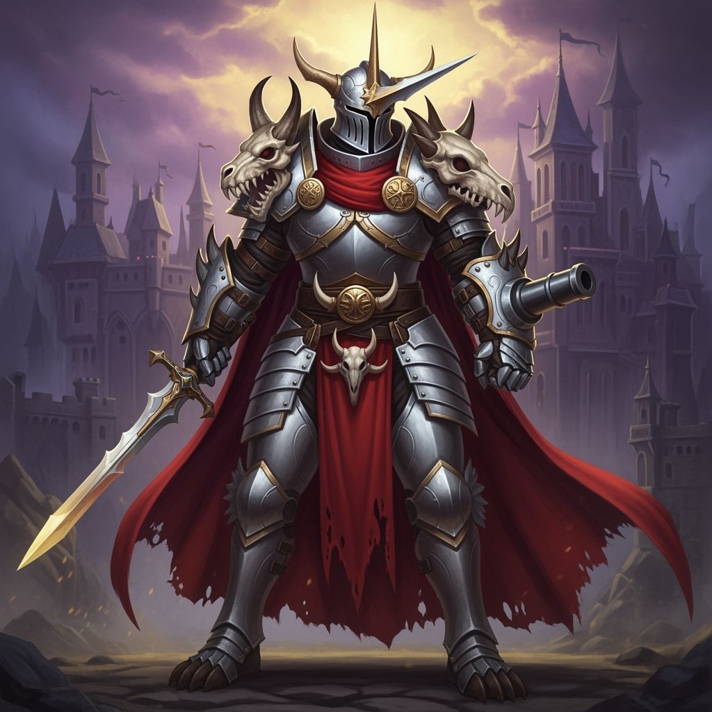 Knight in White Armor with Horned Helmet and Dragon Gauntlet