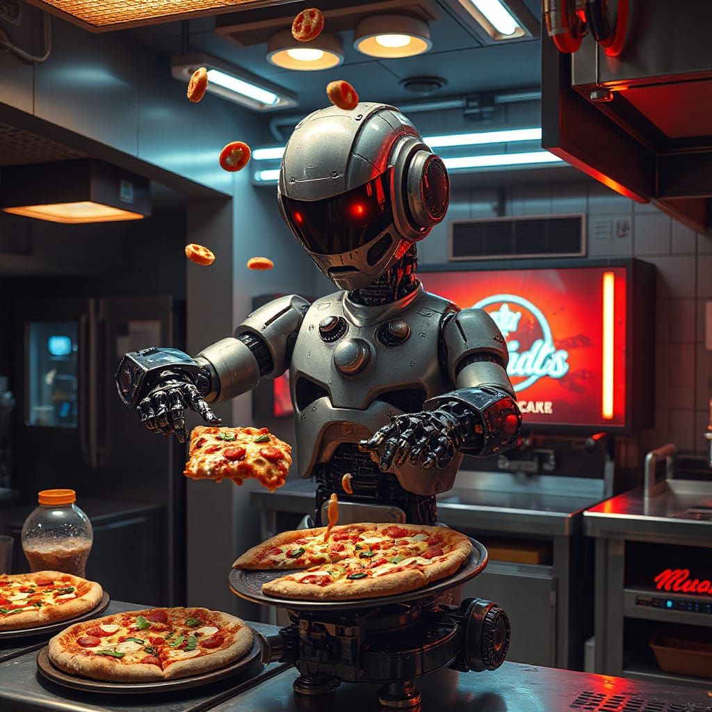 Pizza Robot Tossing Dough in Cyberpunk Kitchen