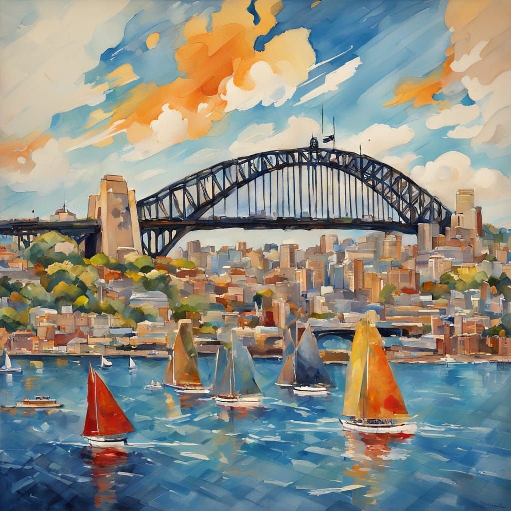 Whimsical Sydney Harbor Masterpiece in Gouache Style