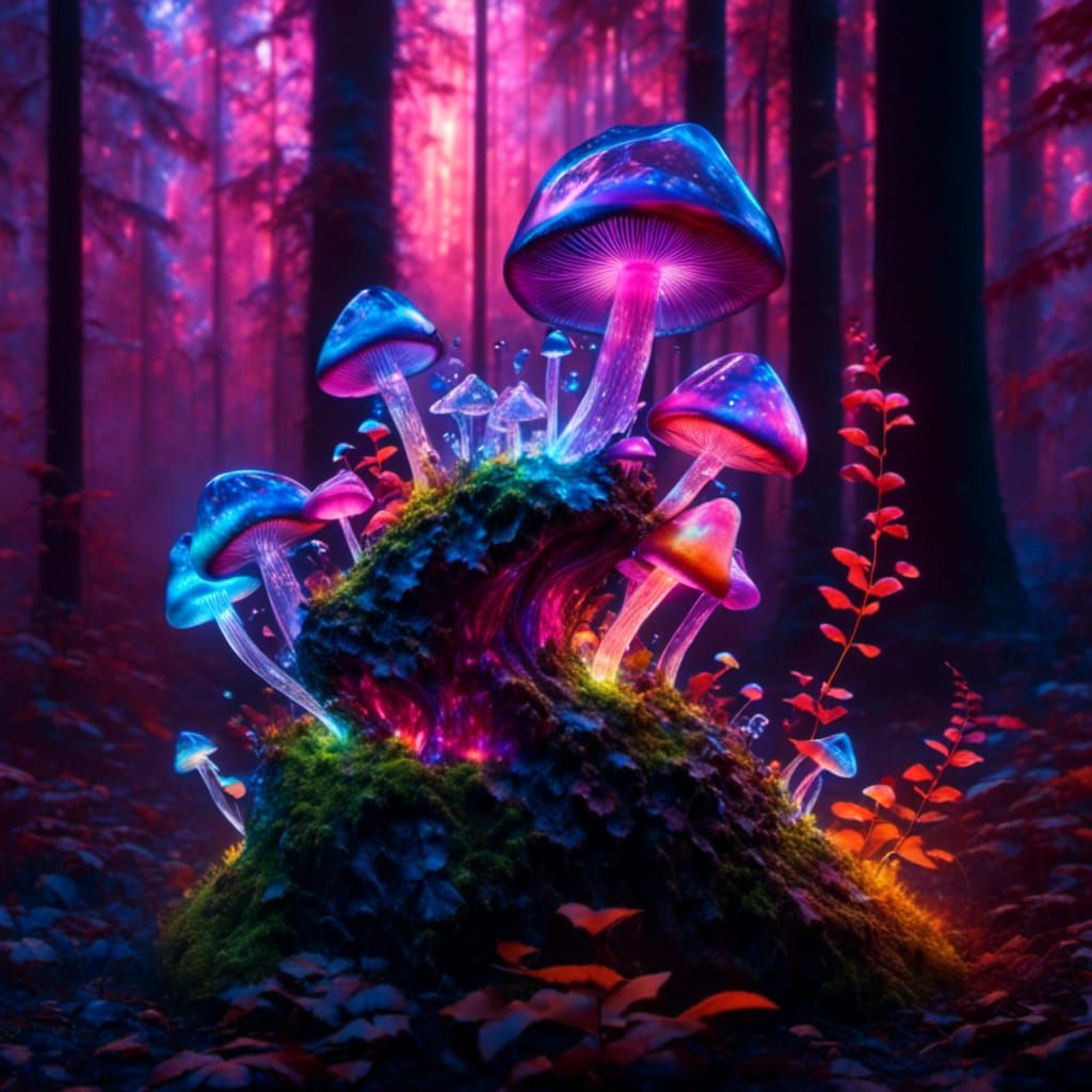 Crystal Mushroom on Neon Log in Enchanted Forest