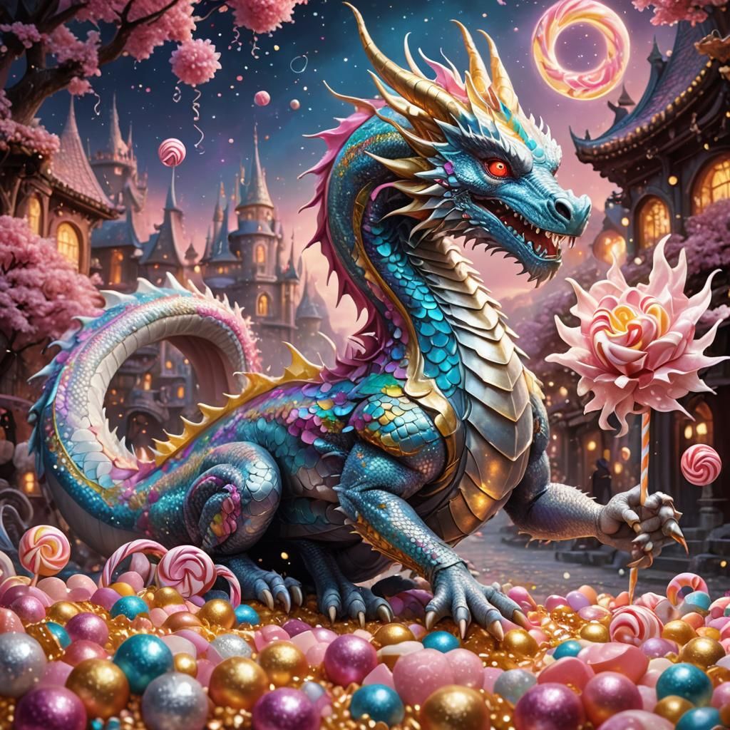 Glittering Dragon Picking Up Candy: Fantasy Concept Art