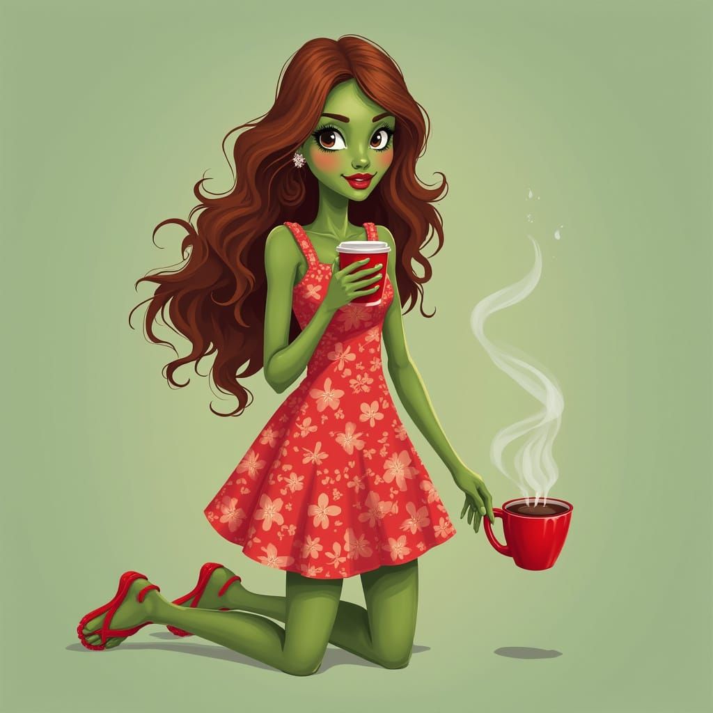 Attractive Green-Skinned Woman in Red Dress