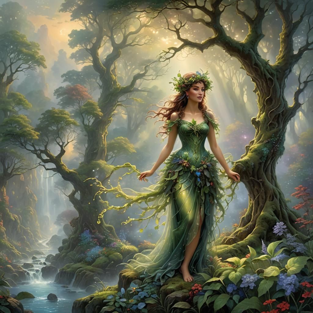 Ethereal Dryad in Misty Landscape, Fantasy Art