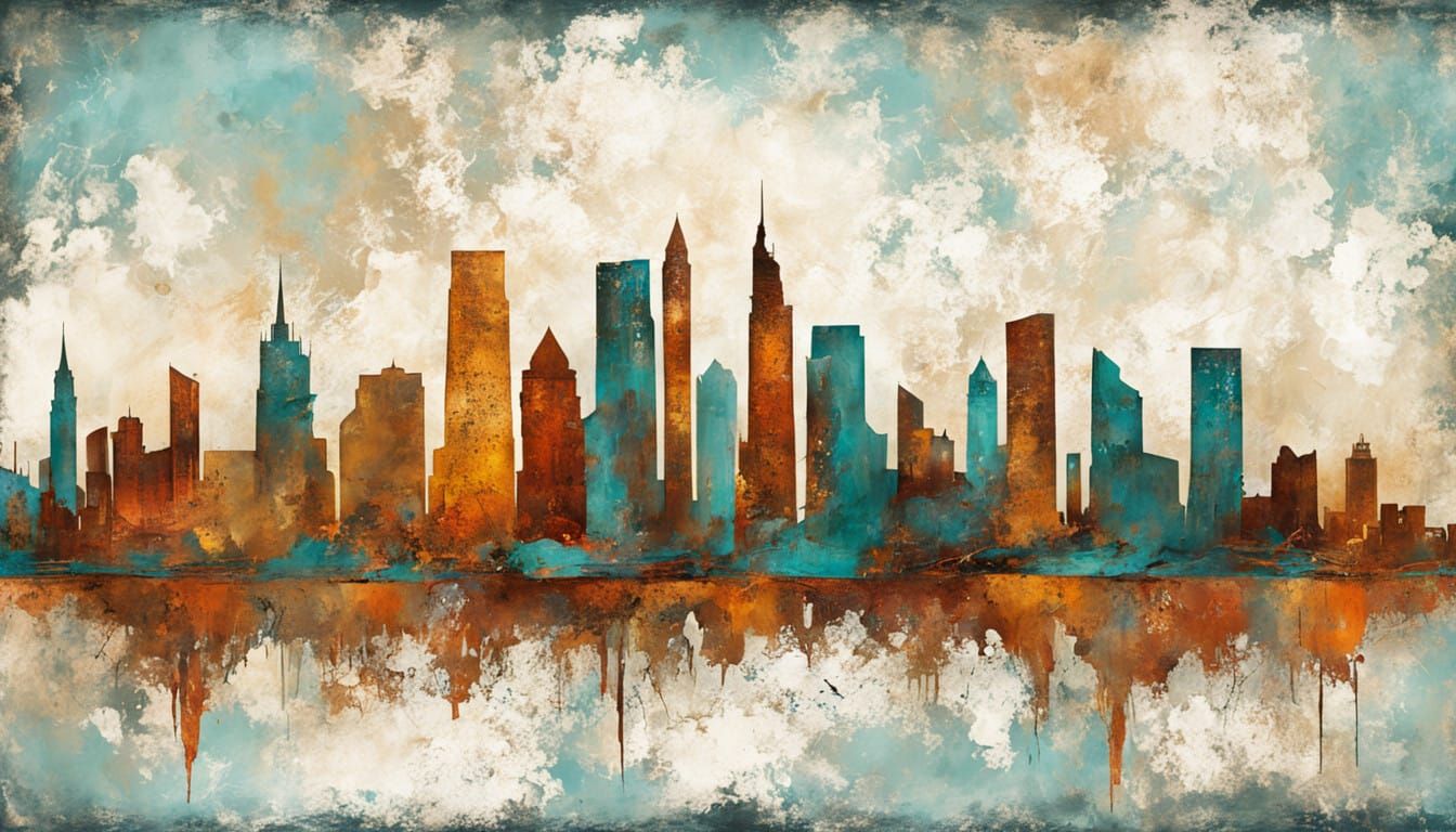 Vibrant Patina City Skyline in Abstract Art