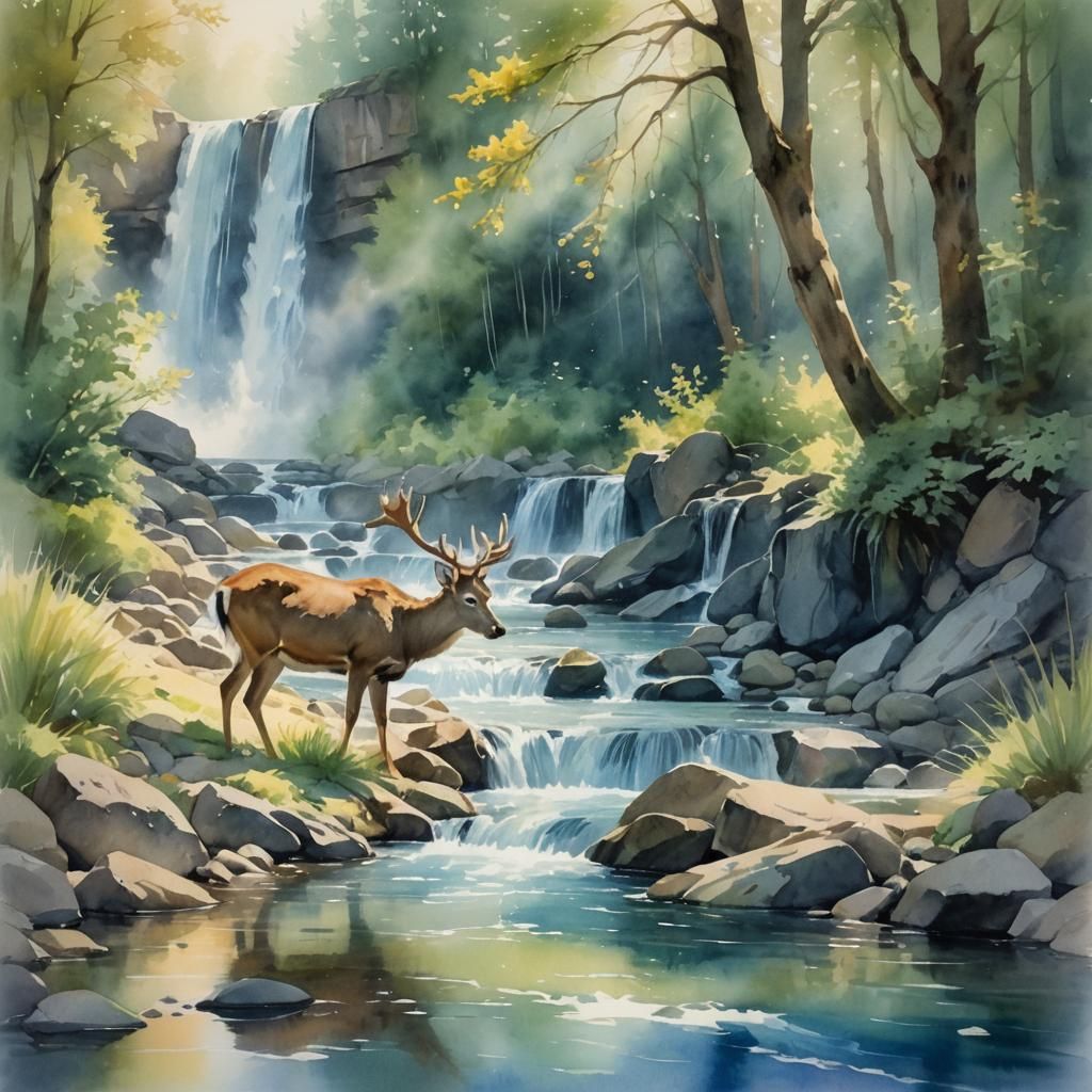 Watercolor Deer Drinking at Waterfall: Impressionist Landsca...