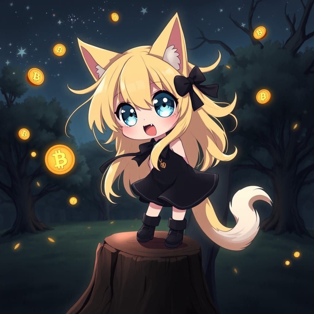 Mystical Catgirl Dances Beneath Dark Starry Skies in Enchant...