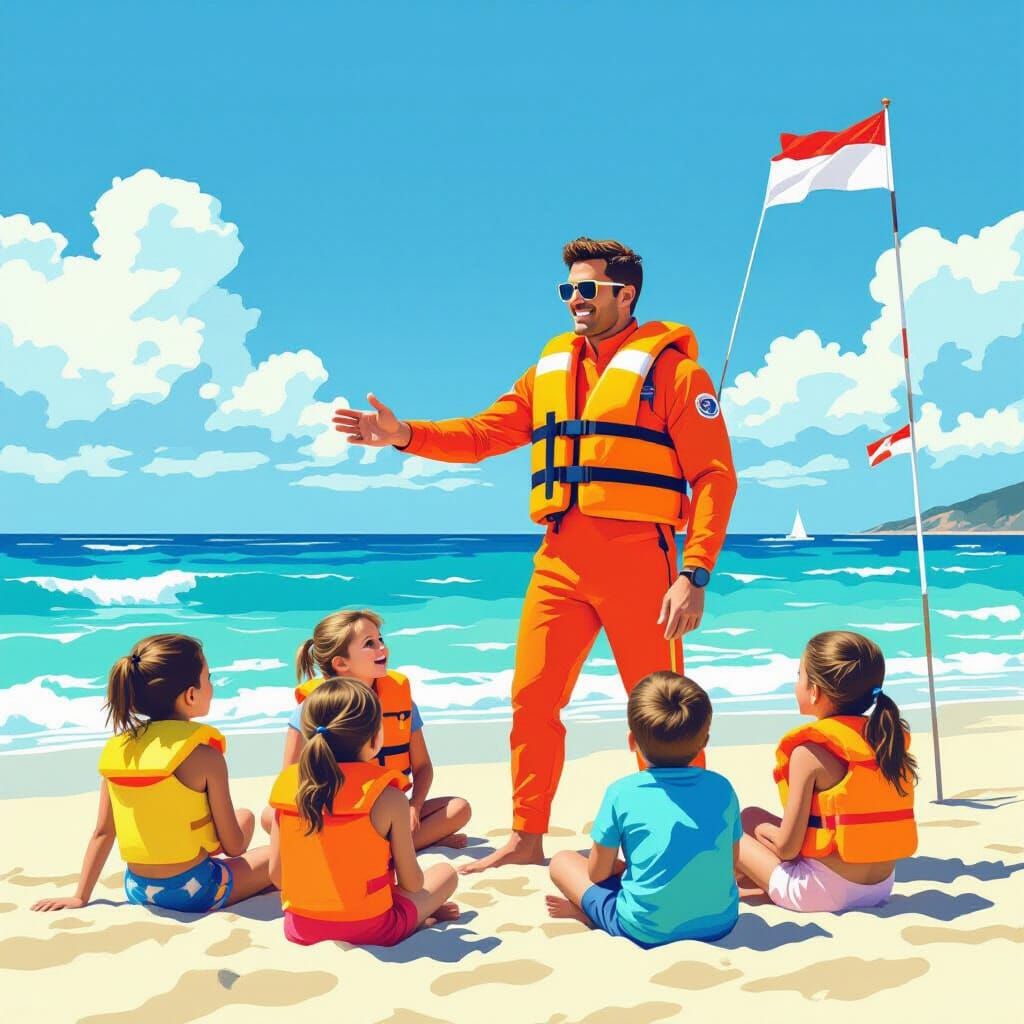 Lifeguard Teaches Water Safety on Sunny Beach