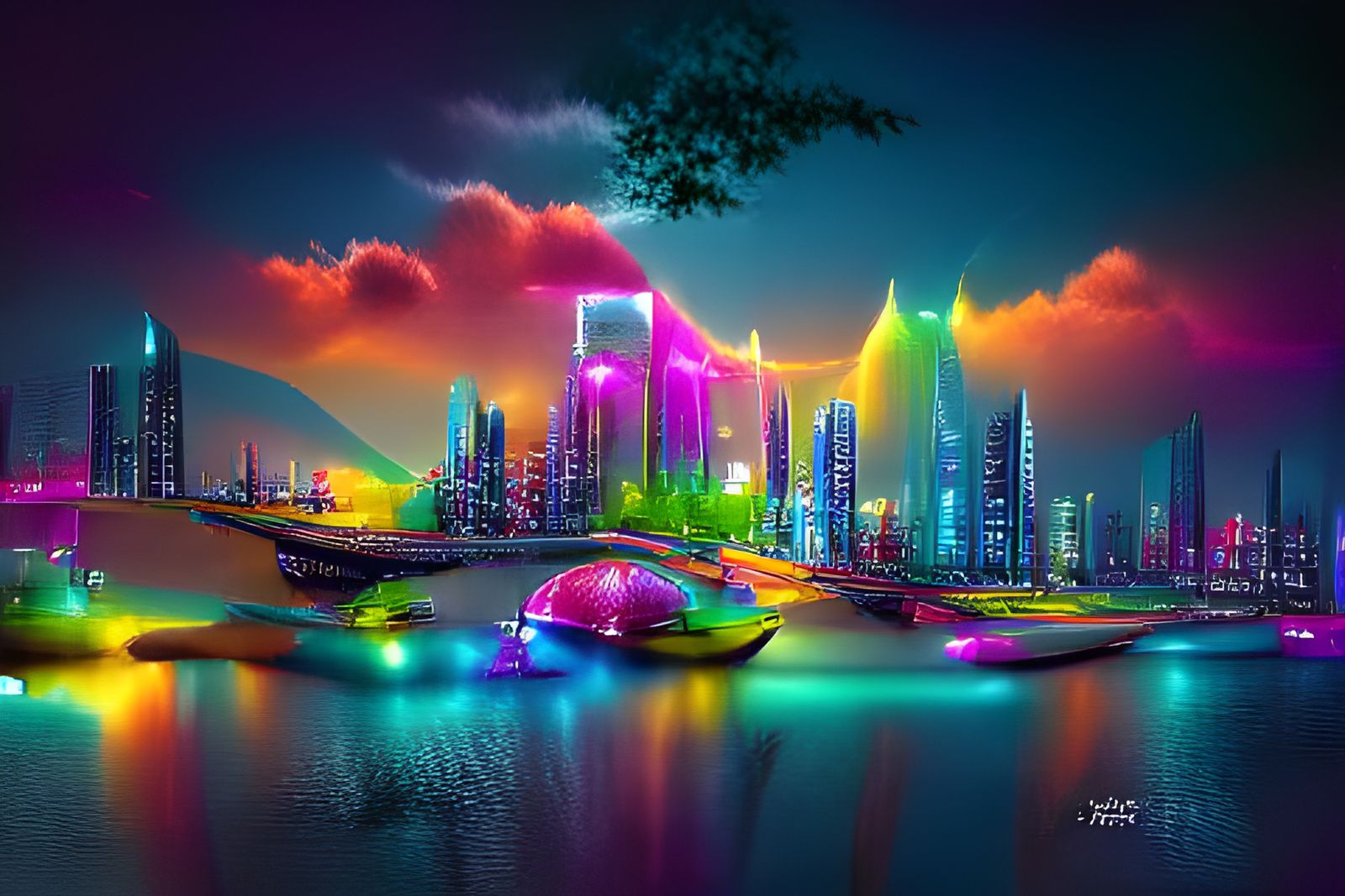 Futuristic Cityscape at Night in 3D Digital Art