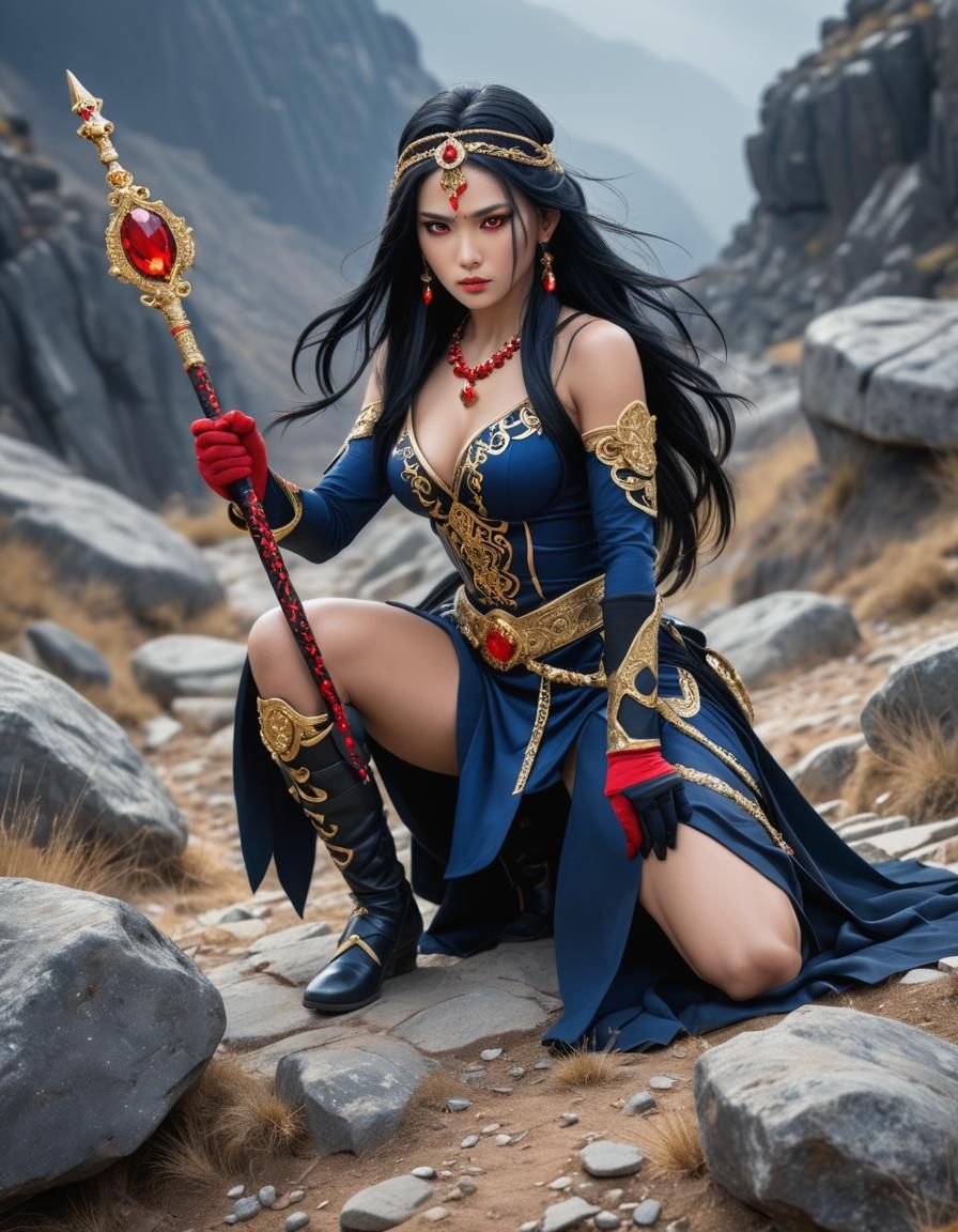 Fierce Warrior Woman with Staff in Fantasy Art Style