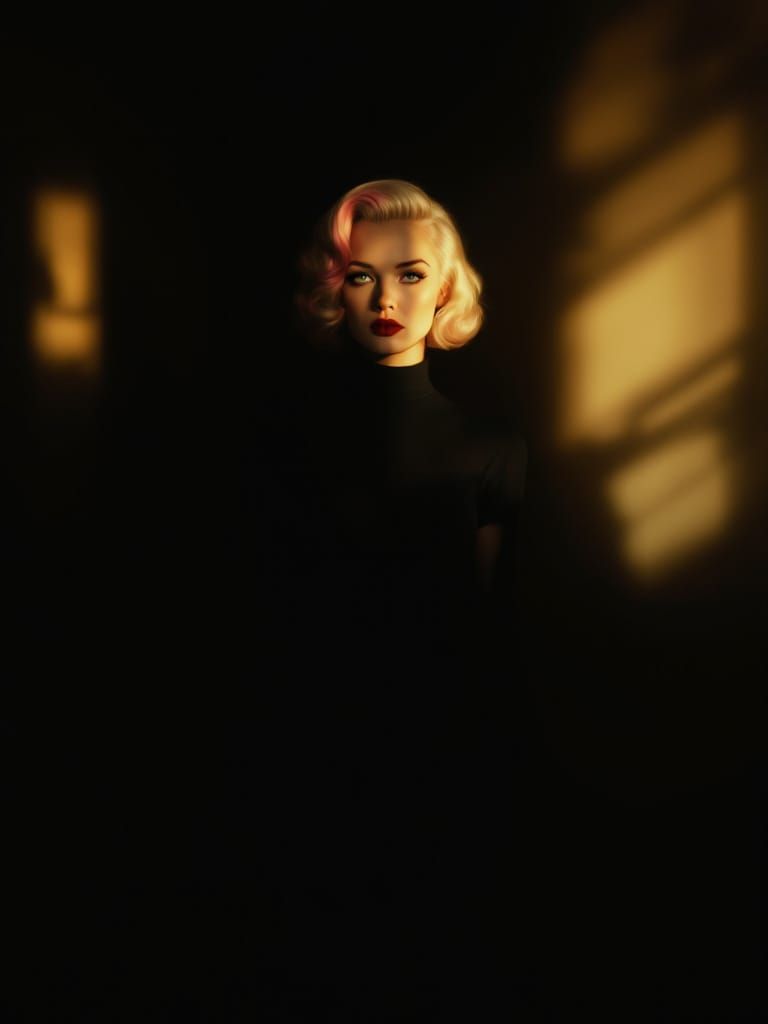 Pin-Up Woman in Golden Chiaroscuro, Film Noir Mystery