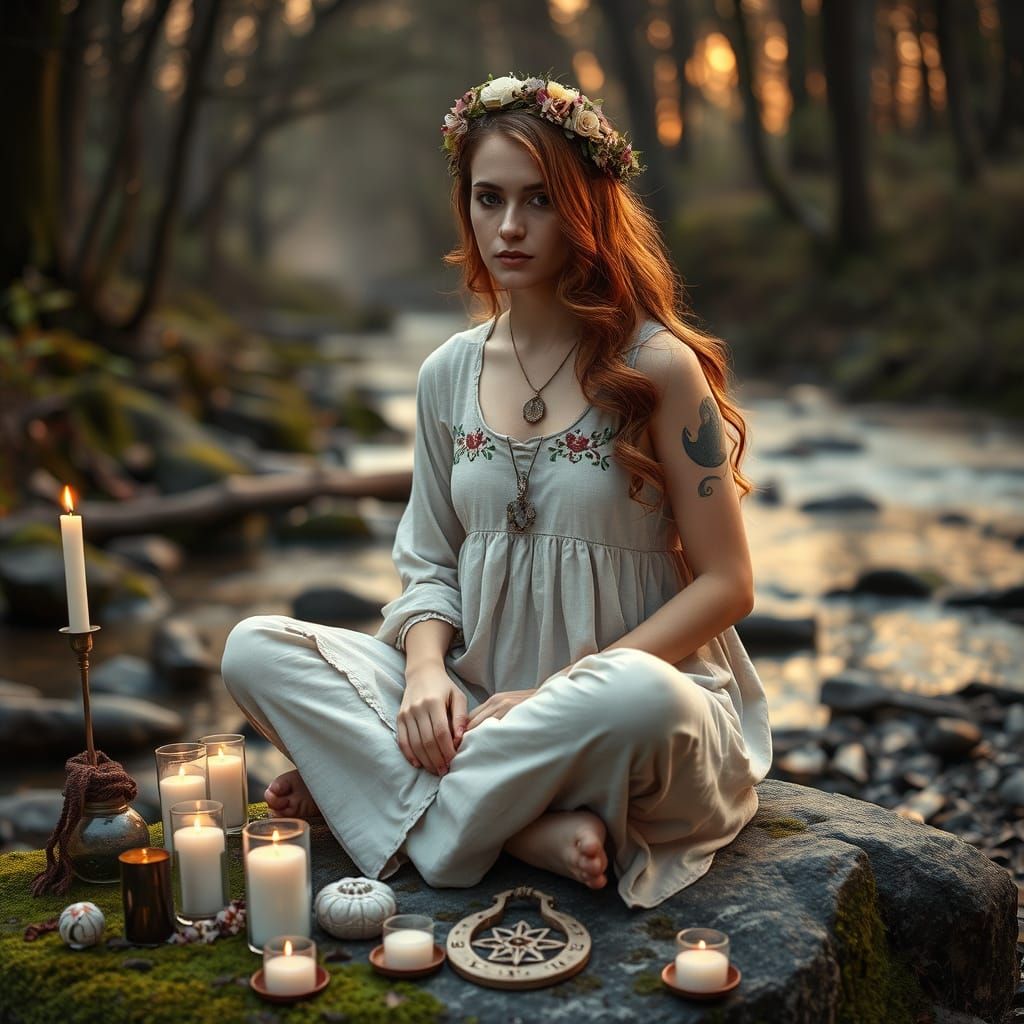 Slavic Woman in Forest Ritual: Digital Art