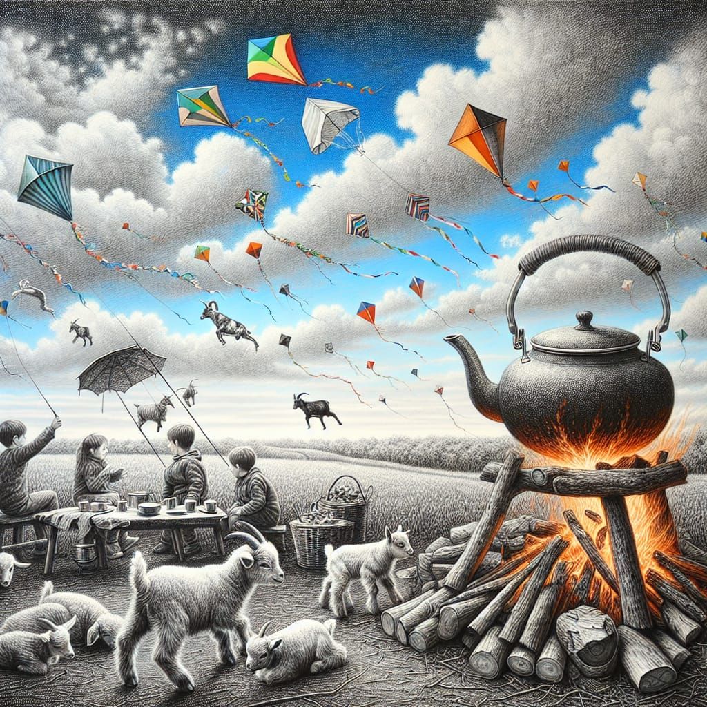 Charcoal Drawing: Kids, Kites, Goats, and Kettle