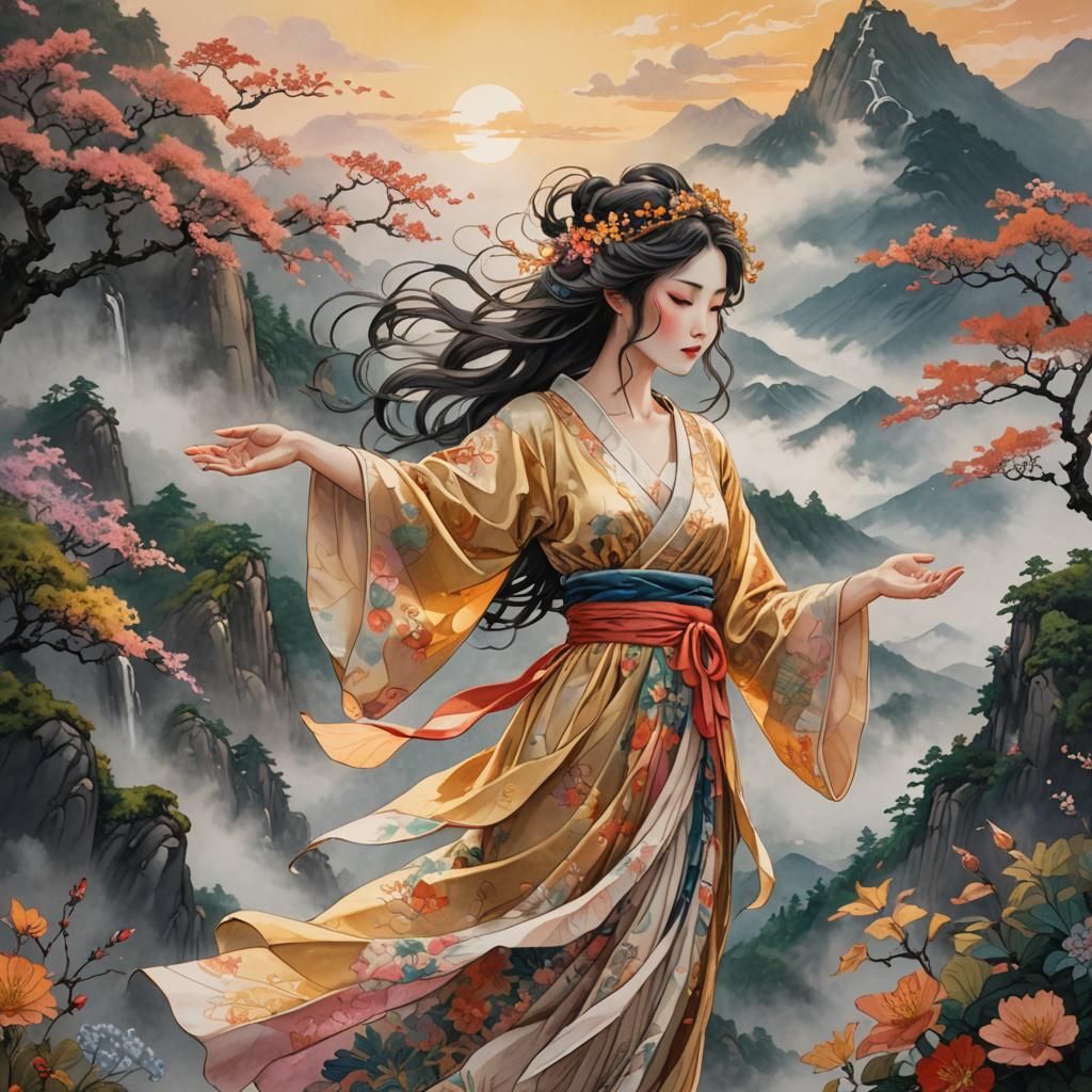 Fairycore Princess on Misty Peak as Ukiyo-e Painting