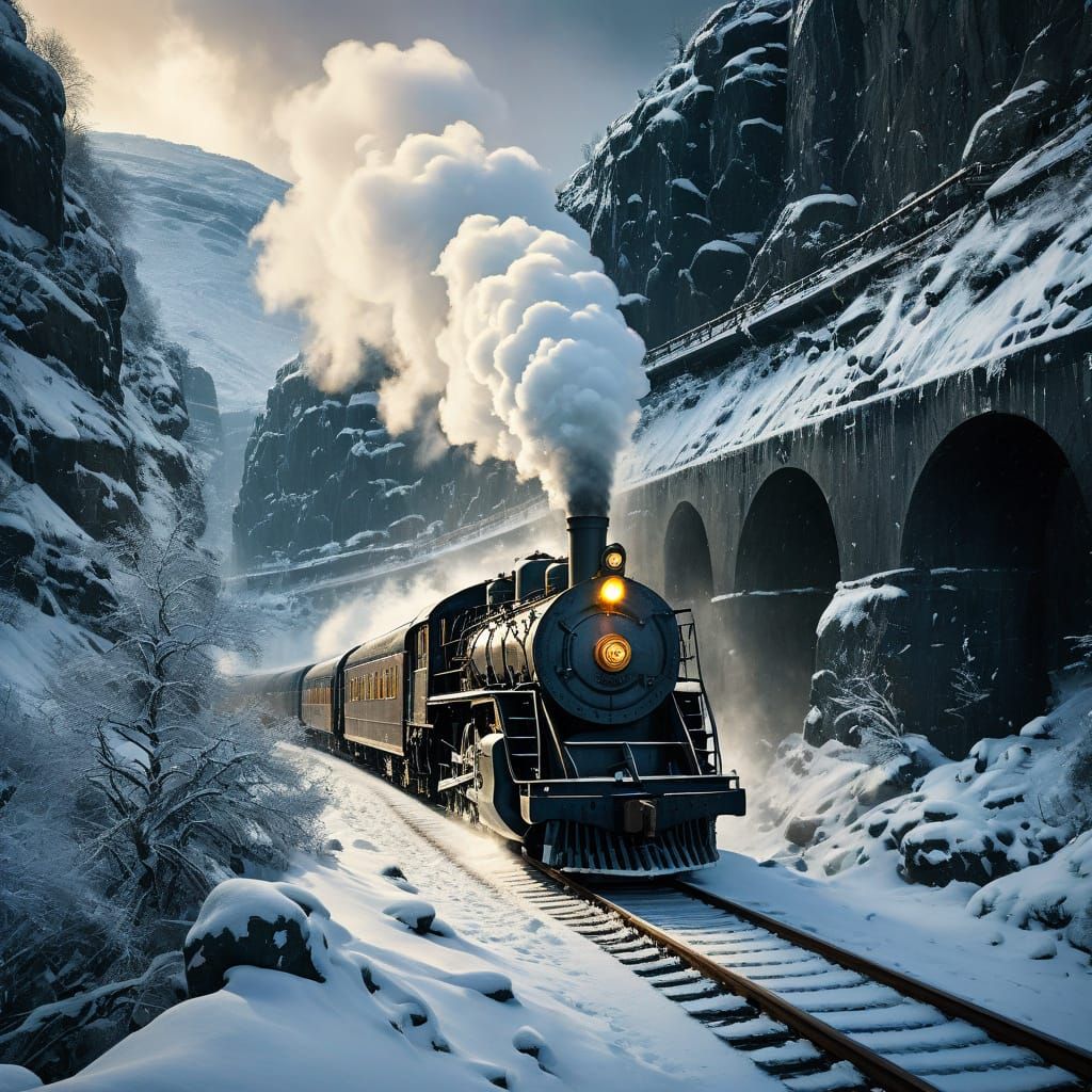 Steam Locomotive Emerges From Snowy Mountain Tunnel