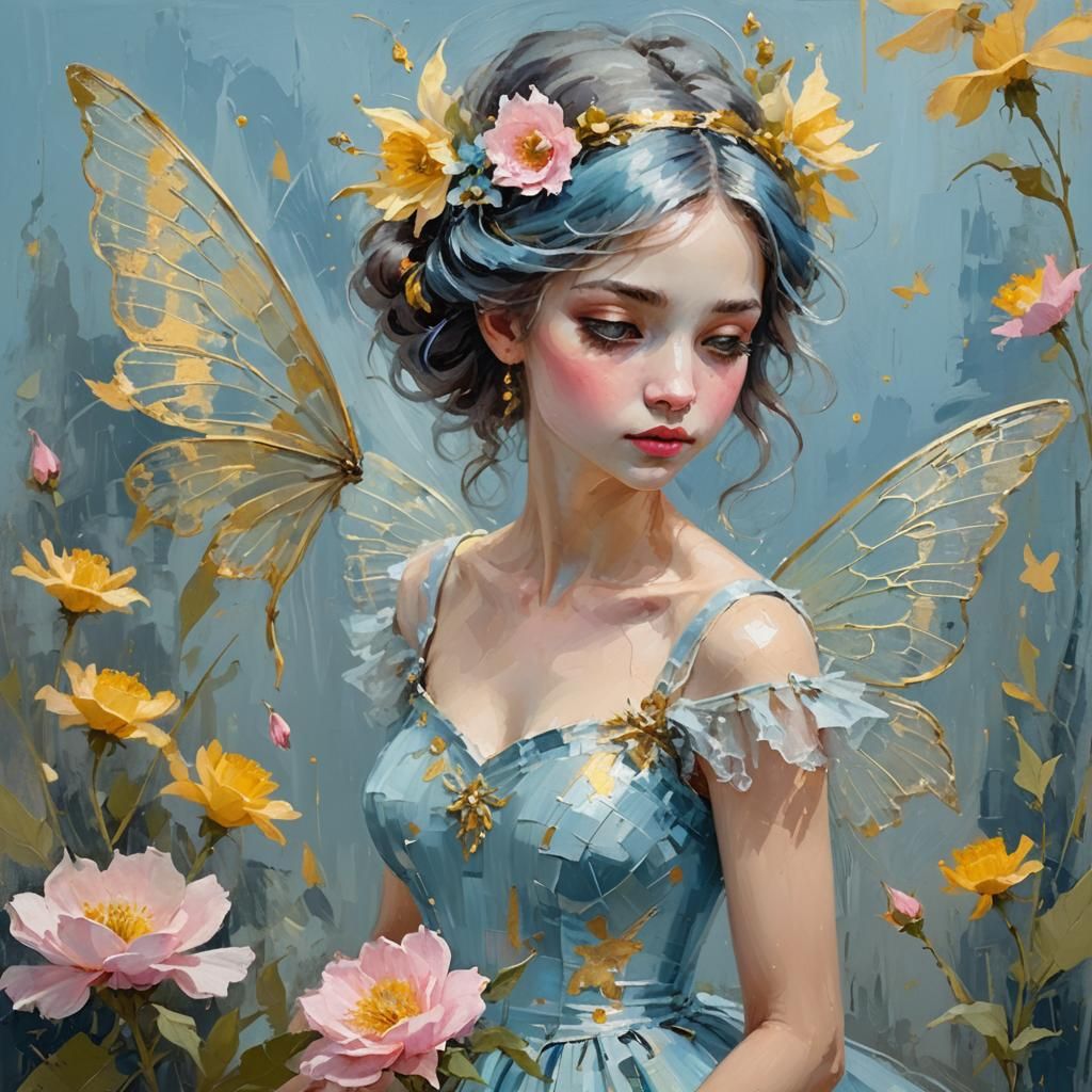 A mesmerizing fairy, her delicate features and slender form blurred in soft focus, with feathery eyelashes and rose-peta...