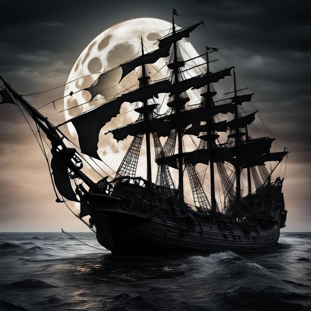 Pirate Ship Silhouette Under a Giant Moon