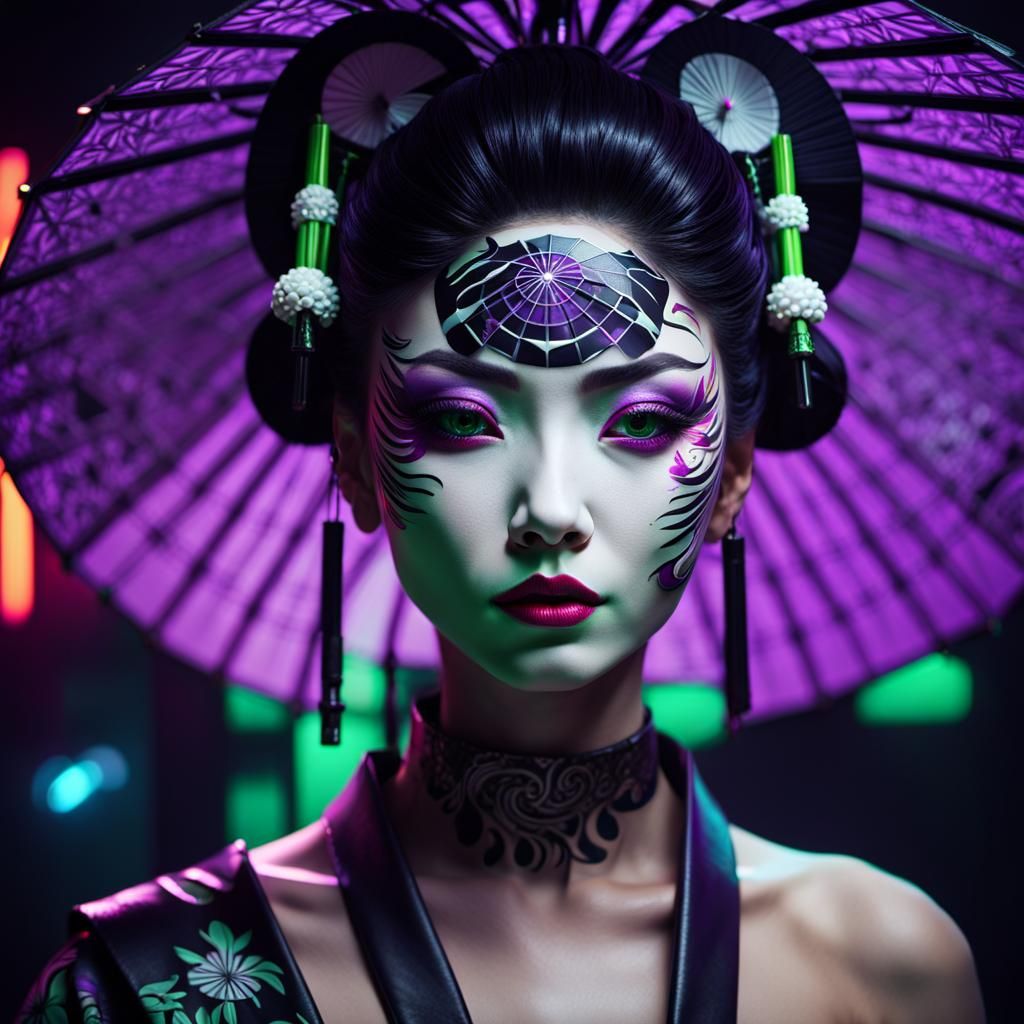 Cyberpunk Geisha with Neon Lights and Tattoos