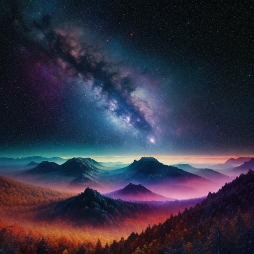 Autumn Forest in Nebula Skyline: Ethereal Cosmic Landscape