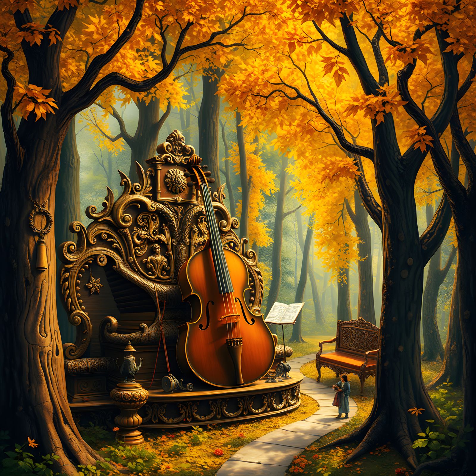 Orchestra in Autumn Forest: A Surrealist Art Scene