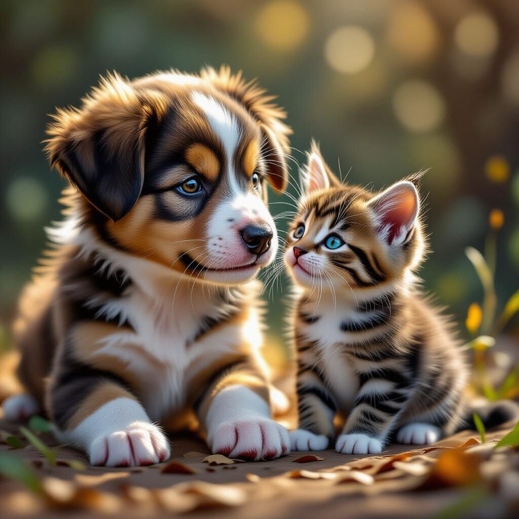 Puppy and Kitten Play Together in Dynamic Lighting