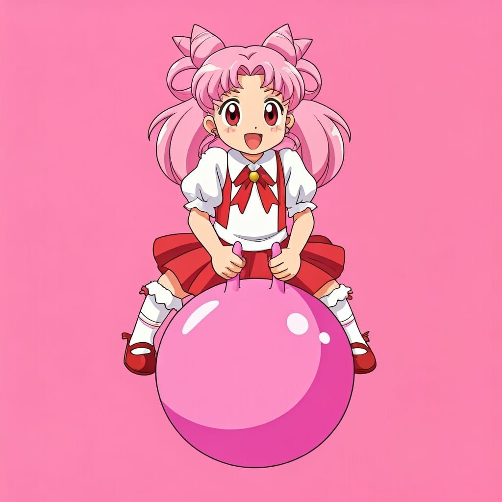 Chibiusa Bouncing on Pink Ball in Anime Style