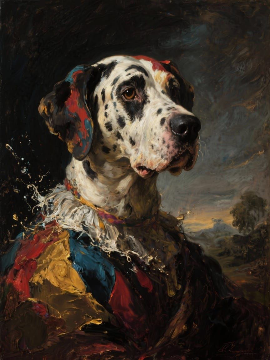 Harlequin Great Dane Puppy Portrait in Renaissance Chiaroscu...