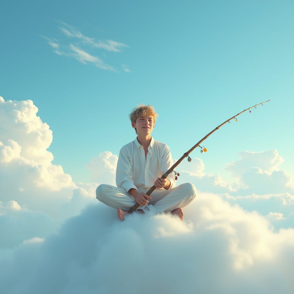 Serene Teenager on Puffy Cloud in Vibrant Blue Sky with Fish...
