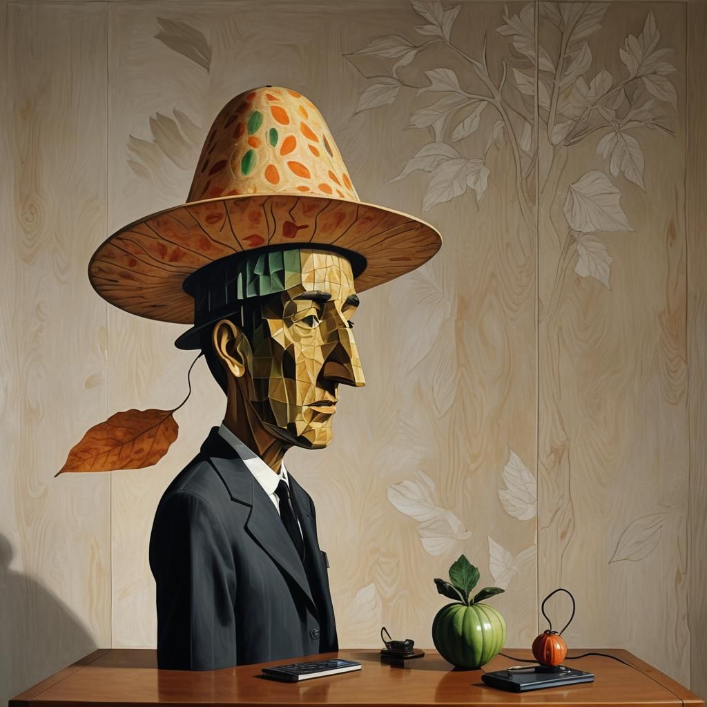 Surreal Sci-Fi Totem Lamp: Lithographic Magritte-Style Portr...