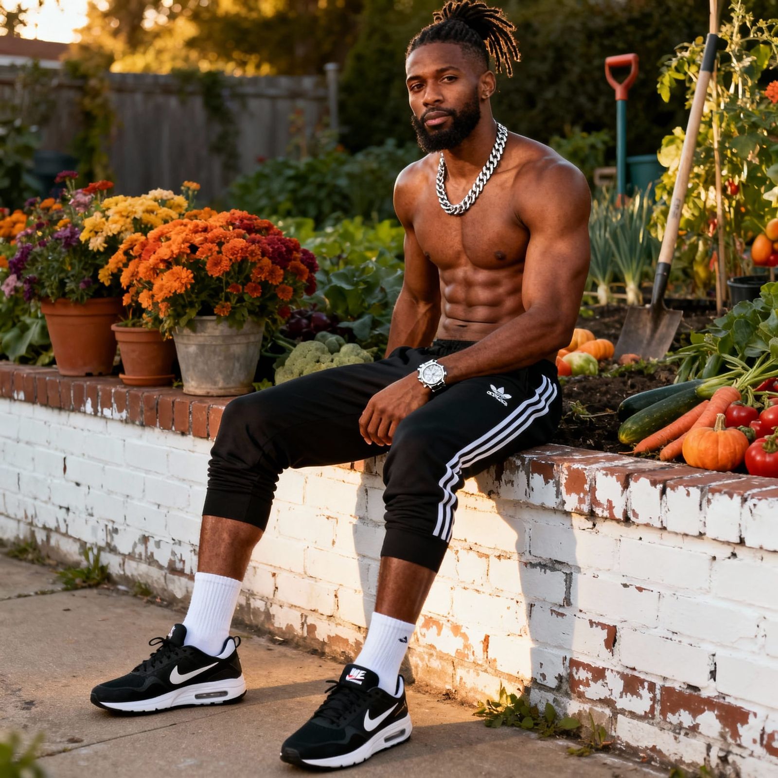 Athletic Man Poses in Urban Garden
