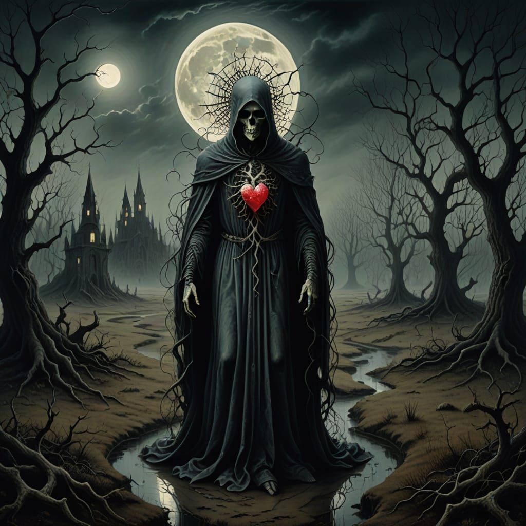 Spectral Figure and Decaying Heart in Moonlit Surrealism
