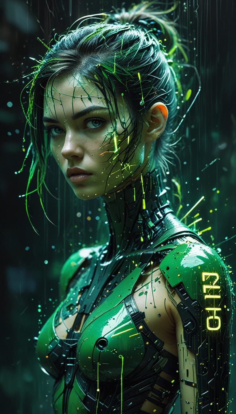 Cyberpunk Girl in Matrix Rain, Watercolor Style