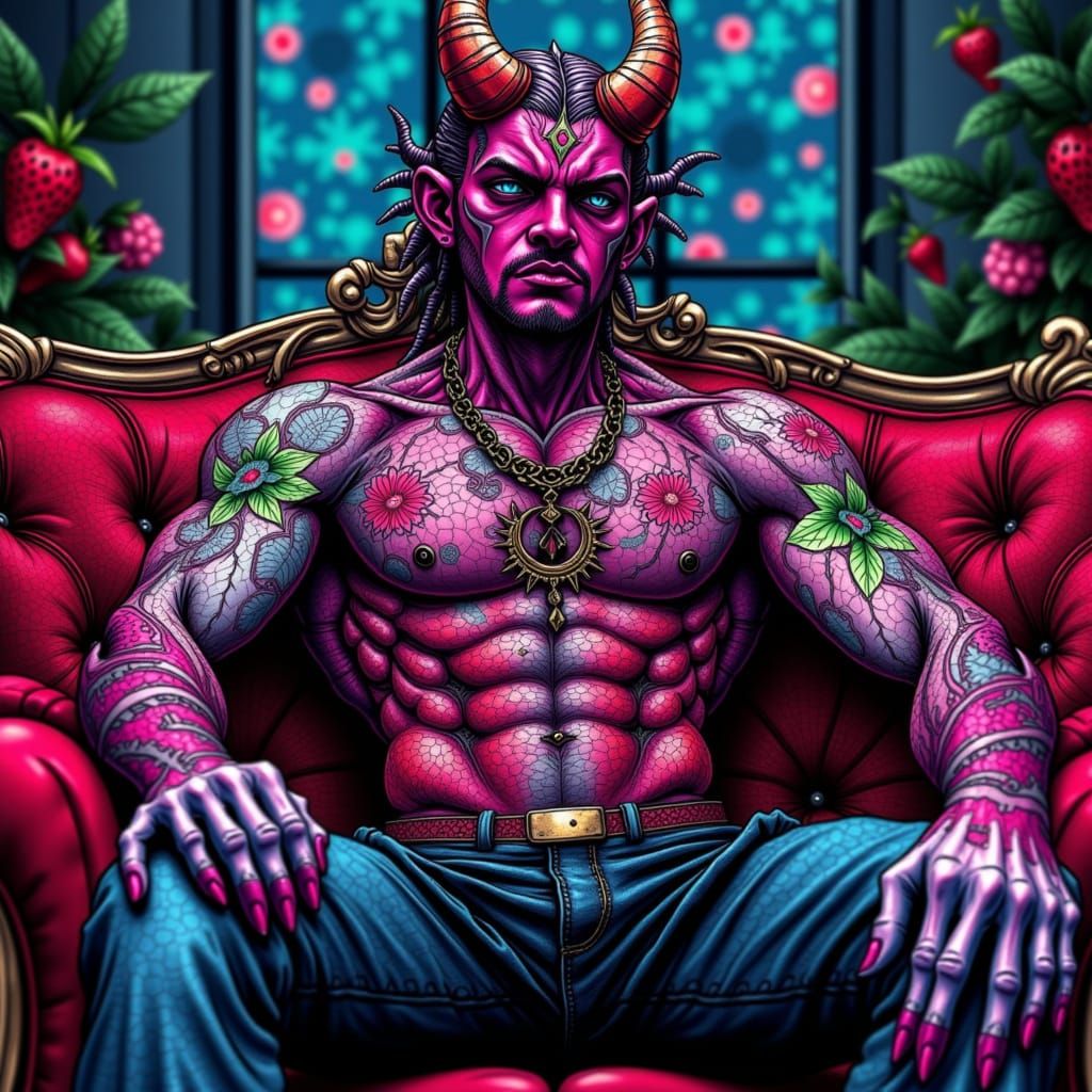 Muscular Rapper Blends Strawberry Smoothie on Sofa